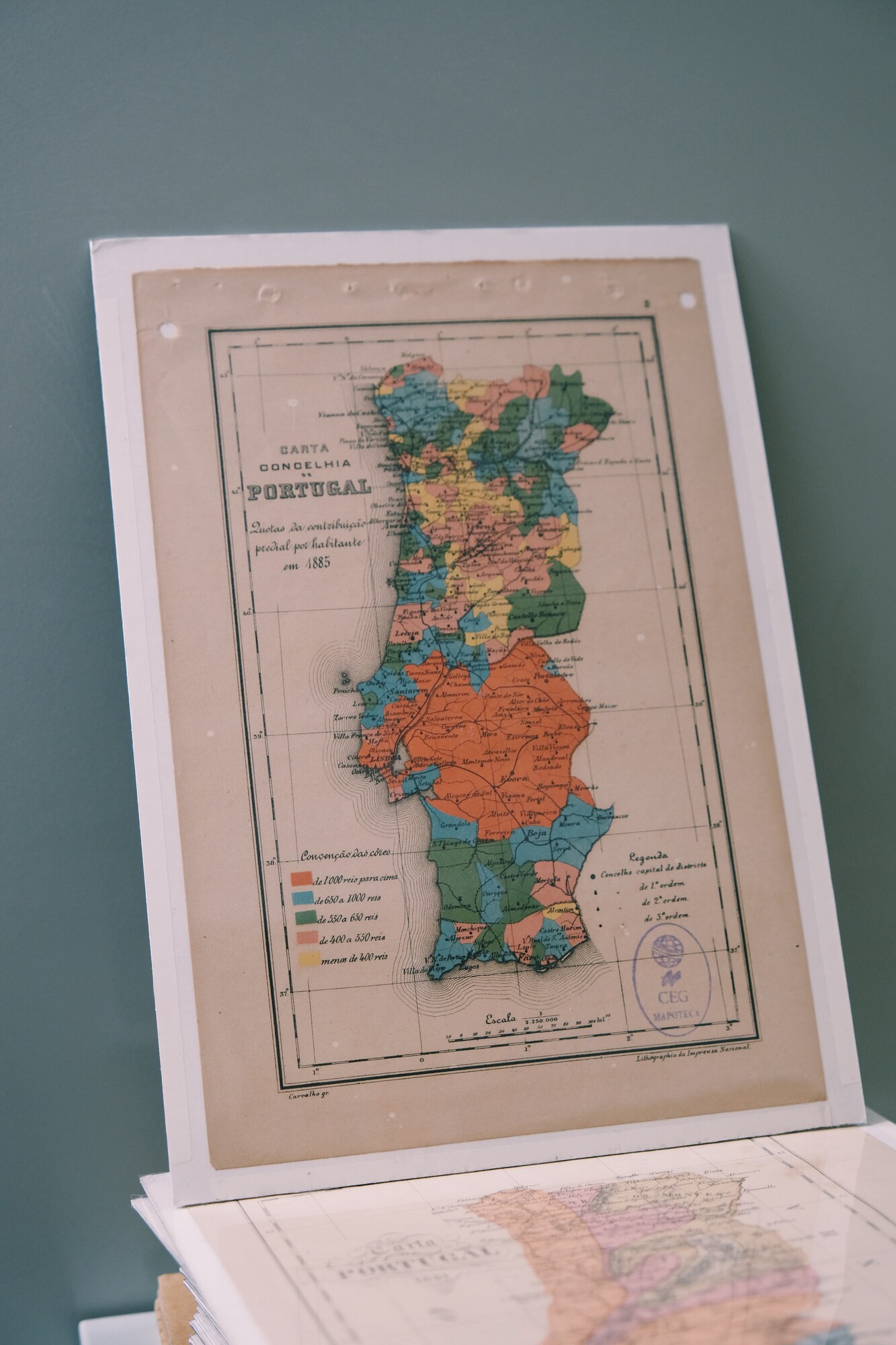 Carta concelhia de Portugal: quotas por habitante na contribuição industrial, gravada por Augusto Nunes e Carvalho, de 1883