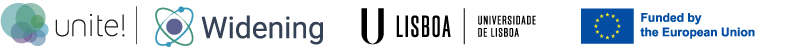 logotipo da Unite! Widening, da ULisboa e do financiamento da União Europeia