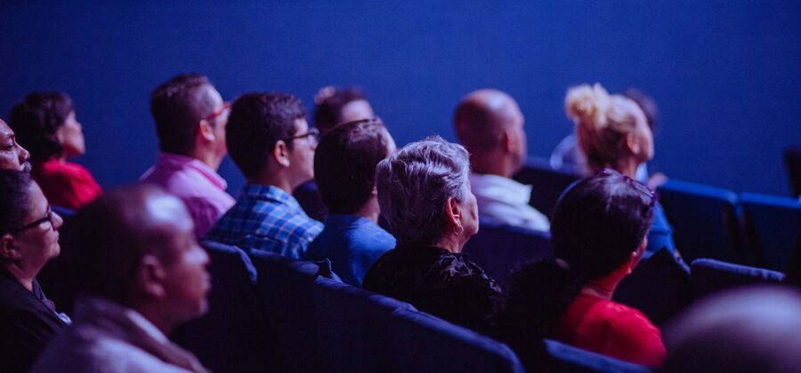 Várias pessoas de idades diferentes, sentadas em auditório, vistas de costas, a assistir a algo. 